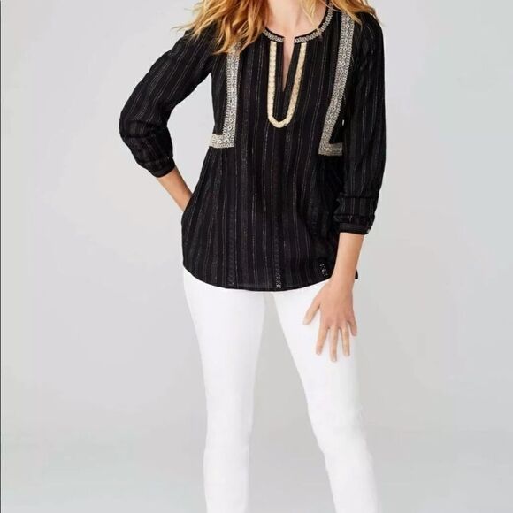 J Jill Peasant Blouse XS Black White Stripe Lace - Picture 13 of 14